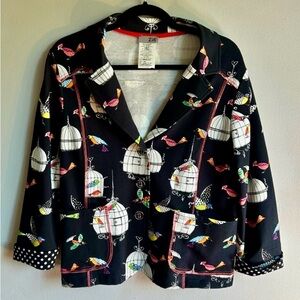 Zoe Whimsical Birdcage & Birds Print Jacket Blazer Artsy Eclectic Large